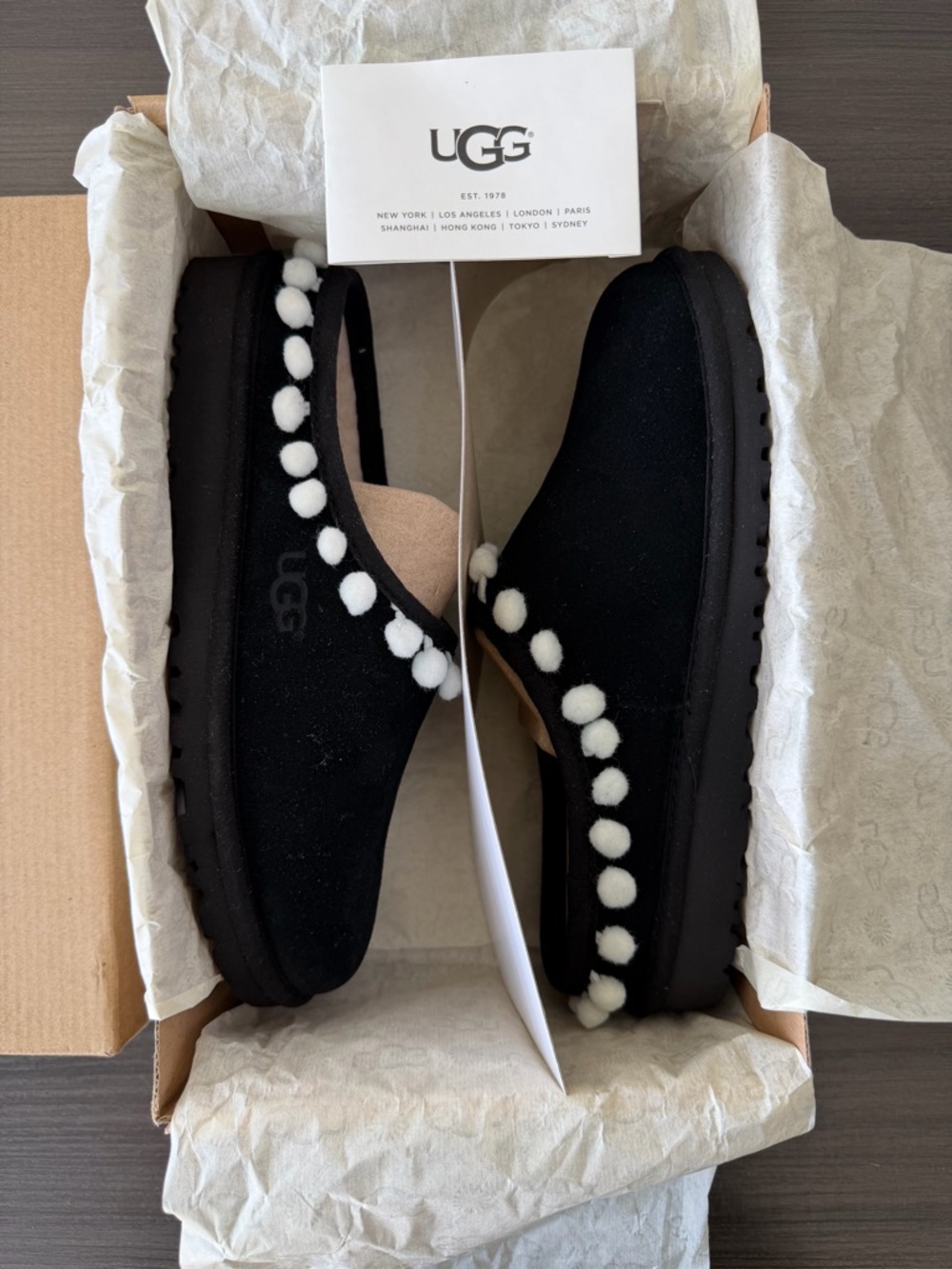UGG Tasman Slipper Pom Pom Black Women’s Size US 6 New In Box Rare Cozy Cute